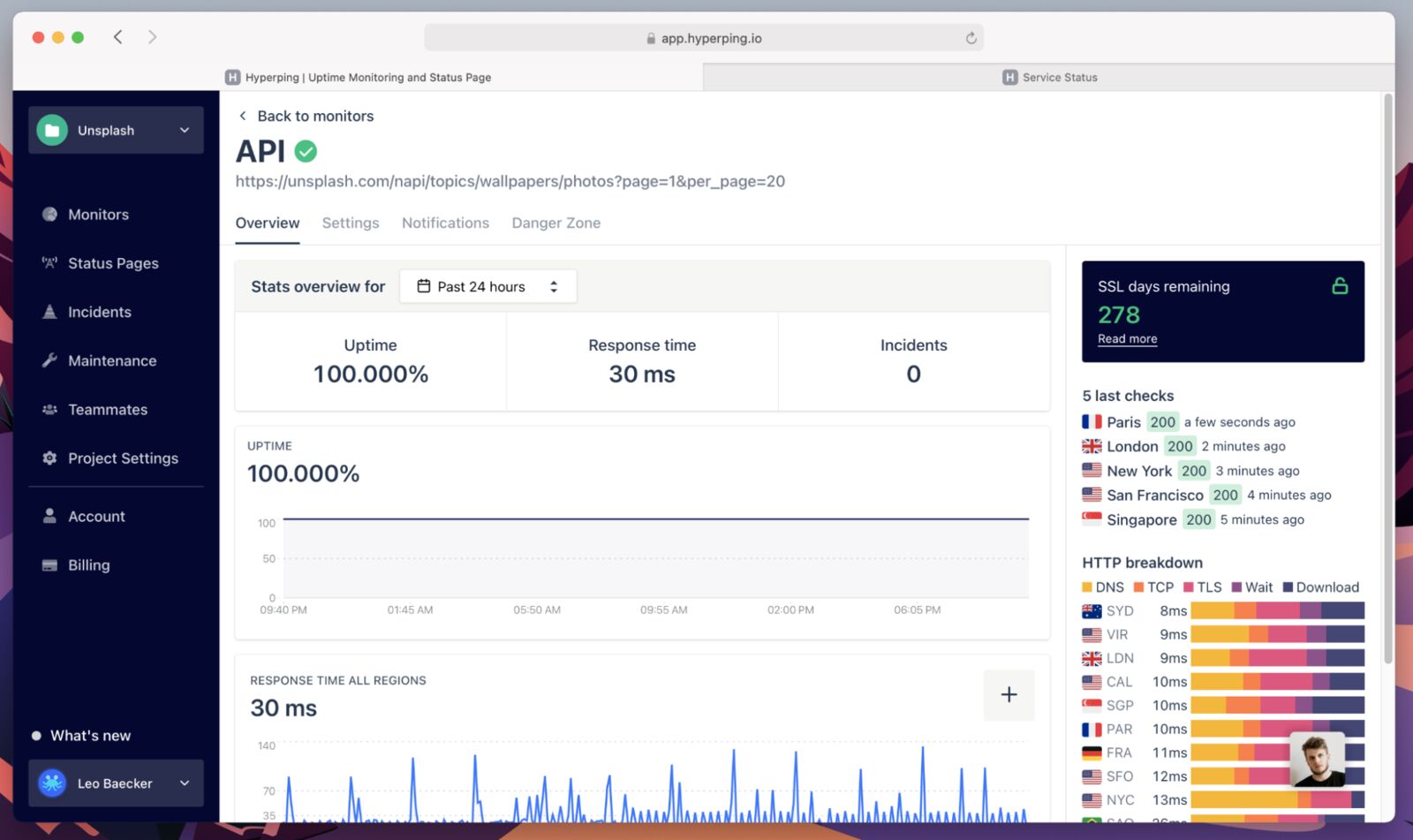 Hyperping dashboard overview